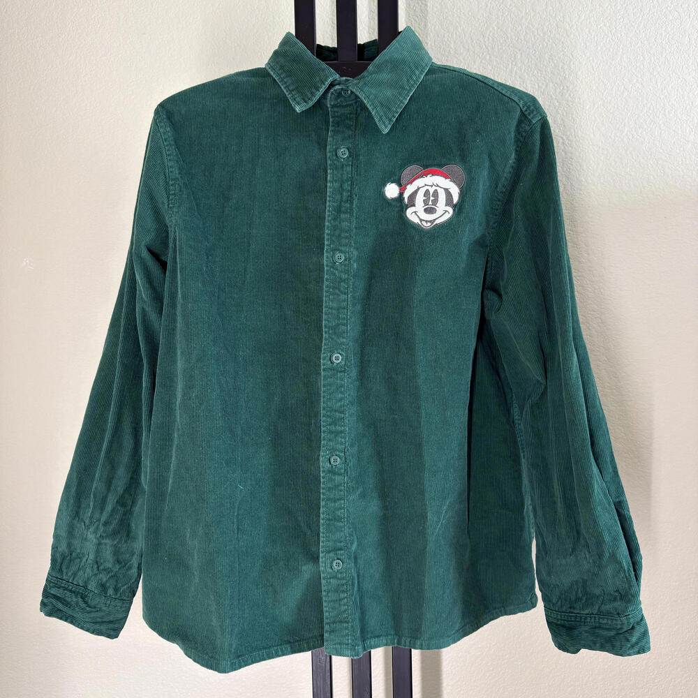 Disney Store Men's XL Corduroy Shirt Green Mickey Santa Hat
